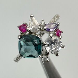 Beautiful Statement Cluster Cushion Cut Teal Blue Diamond CZ Silver Plated Ring